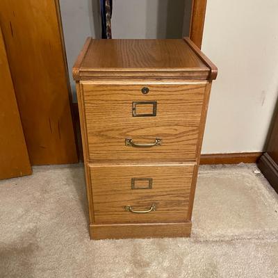 Two-Drawer Wooden File Cabinet with Brass Handles and Locking Mechanism