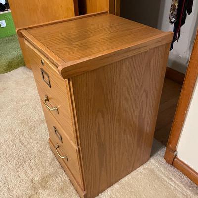 Two-Drawer Wooden File Cabinet with Brass Handles and Locking Mechanism