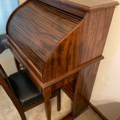 Wooden Roll-Top Desk with Attached Chair and Drawer Storage