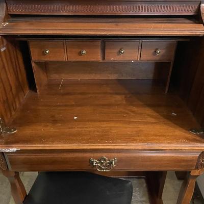 Wooden Roll-Top Desk with Attached Chair and Drawer Storage