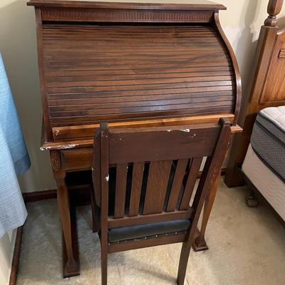 Wooden Roll-Top Desk with Attached Chair and Drawer Storage