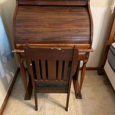 Wooden Roll-Top Desk with Attached Chair and Drawer Storage