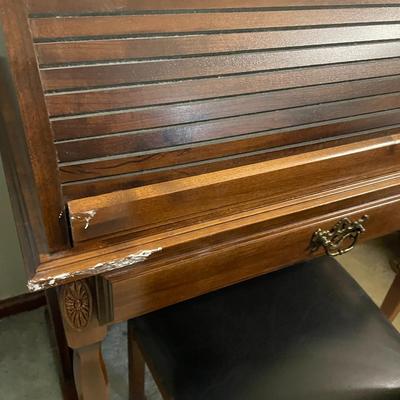 Wooden Roll-Top Desk with Attached Chair and Drawer Storage