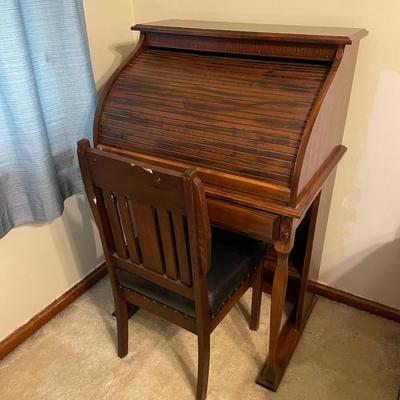 Wooden Roll-Top Desk with Attached Chair and Drawer Storage