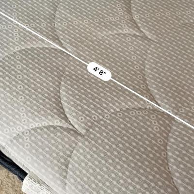 Sale Photo Thumbnail #55: Includes a wooden full-size headboard with decorative carved details and turned finials, paired with a full-size mattress and matching box spring. The mattress and box spring show minimal wear and have a 4.5-inch thickness, as indicated.