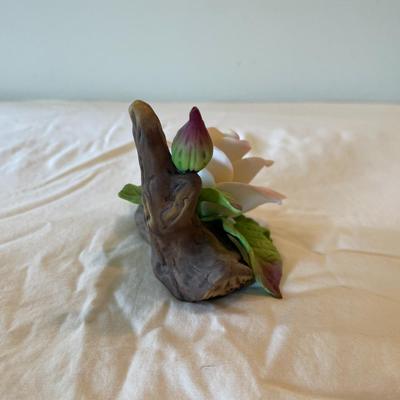 Hand-Painted Porcelain Rose Figurine with Leaves and Wood Trunk Base