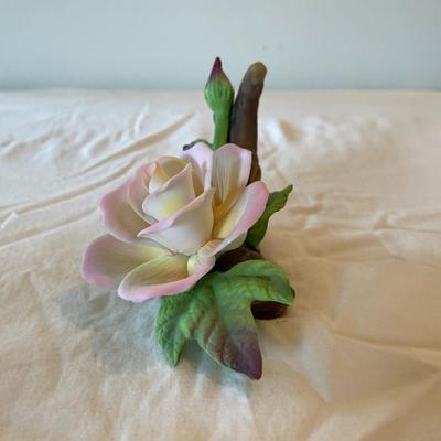 Hand-Painted Porcelain Rose Figurine with Leaves and Wood Trunk Base