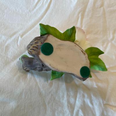 Hand-Painted Porcelain Rose Figurine with Leaves and Wood Trunk Base