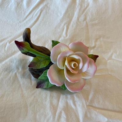 Hand-Painted Porcelain Rose Figurine with Leaves and Wood Trunk Base