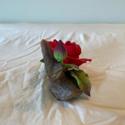 Handmade Ceramic Red Rose Figurine on Log Base