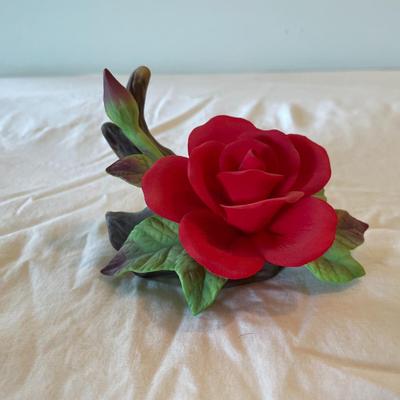 Handmade Ceramic Red Rose Figurine on Log Base