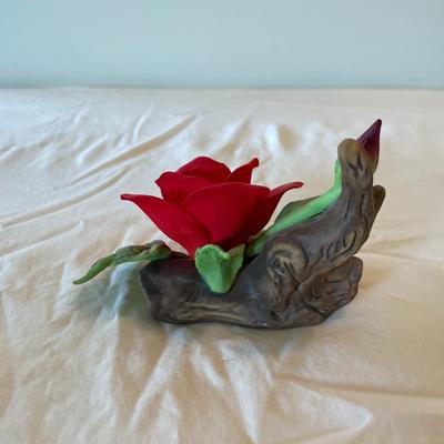 Handmade Ceramic Red Rose Figurine on Log Base