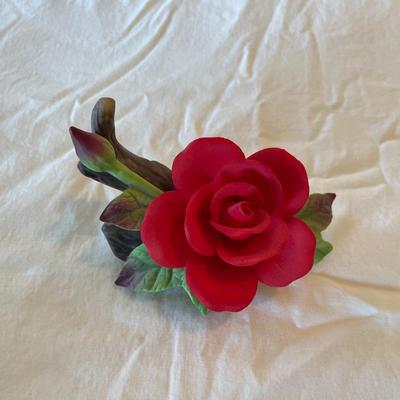 Handmade Ceramic Red Rose Figurine on Log Base