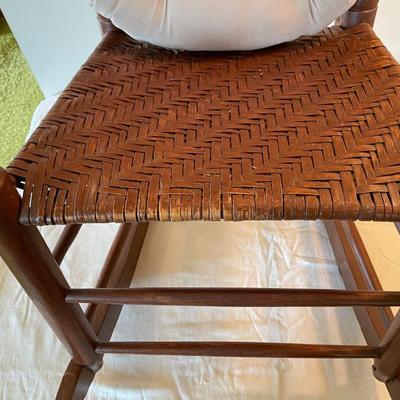Wooden Ladder-Back Rocking Chair With Woven Seat and Cushion