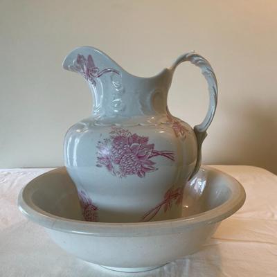Vintage Ironstone Pitcher and Bowl Set with Pink Floral Design