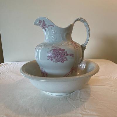 Vintage Ironstone Pitcher and Bowl Set with Pink Floral Design