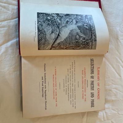 Sale Photo Thumbnail #244: Hardcover book titled "Selections of Poetry and Prose" by George W. Bitton, published in 1900. The book features a red textured cover with fine detailing and a decorative border, including an embossed portrait. The book's contents are listed at the beginn