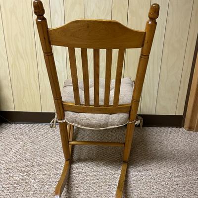 Wooden Rocking Chair with Woven Seat and Beige Cushion