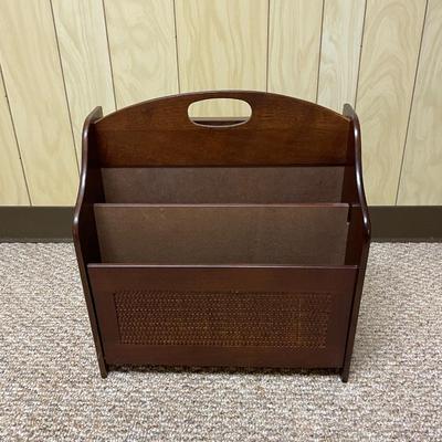 Walnut-Finished Wooden Magazine Holder With Drop-Down Tabletop