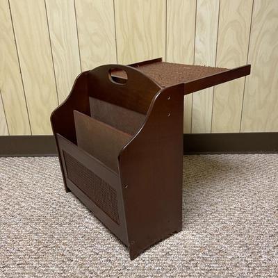 Walnut-Finished Wooden Magazine Holder With Drop-Down Tabletop
