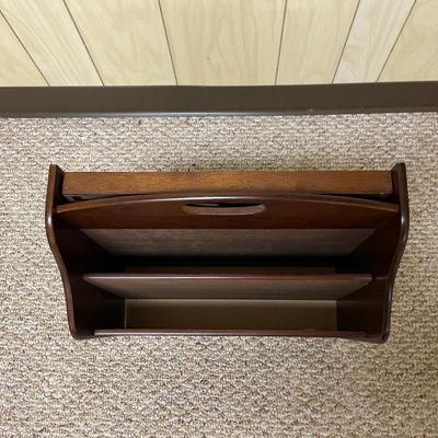 Walnut-Finished Wooden Magazine Holder With Drop-Down Tabletop
