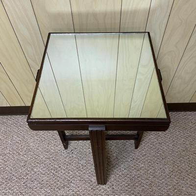 Wooden Side Table with Glass Top and Cross-Bar Support