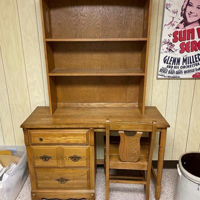 Oak Wood Desk with Hutch, Chair, and Storage Drawers