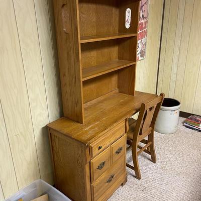 Oak Wood Desk with Hutch, Chair, and Storage Drawers
