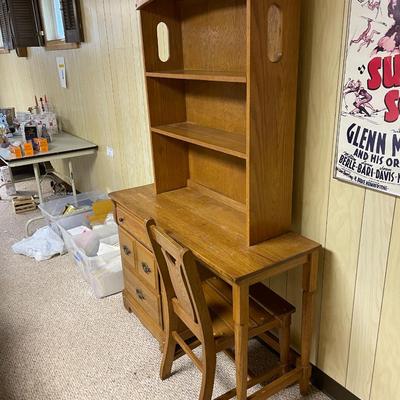 Oak Wood Desk with Hutch, Chair, and Storage Drawers