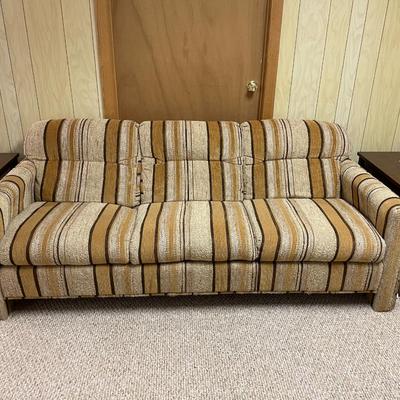 Mid-Century Upholstered Striped Sofa with Wooden Sides