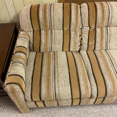 Mid-Century Upholstered Striped Sofa with Wooden Sides