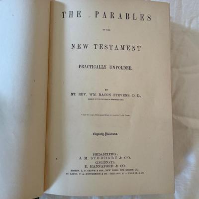 Sale Photo Thumbnail #503: A hardbound volume titled 'The Parables of the New Testament: Practically Unfolded' by Rev. William Bacon Stevens, D.D., copyrighted in 1871 by J. M. Stoddart & Co., Philadelphia. Published by Caxton Press of Sherman & Co. Features a dark green cover with