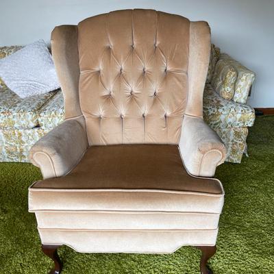 Beige Tufted Wingback Chair with Queen Anne Style Legs