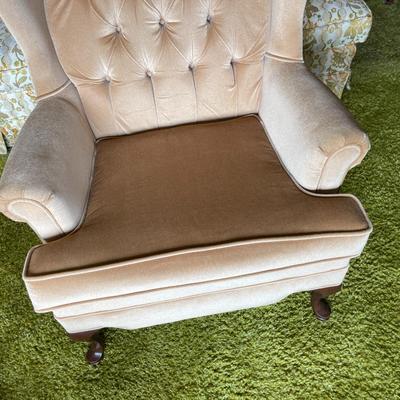 Beige Tufted Wingback Chair with Queen Anne Style Legs