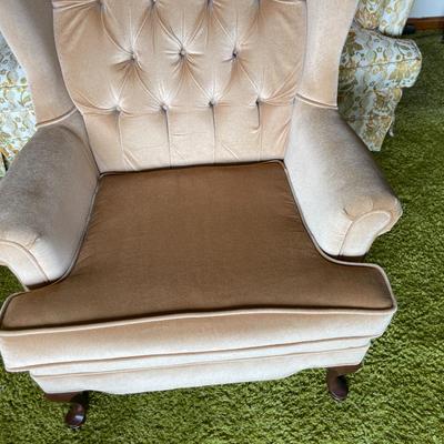 Beige Tufted Wingback Chair with Queen Anne Style Legs