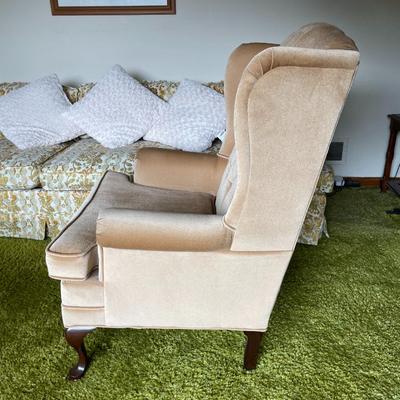 Beige Tufted Wingback Chair with Queen Anne Style Legs