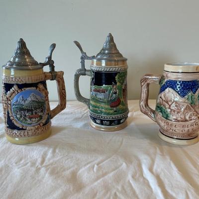 Three German Beer Steins with Pewter Lids