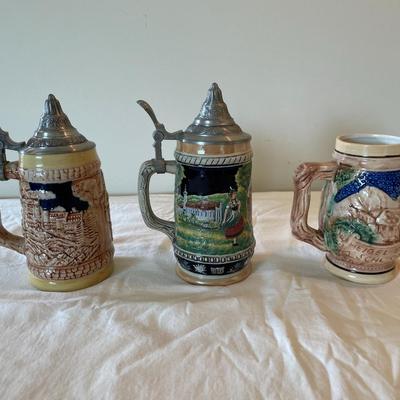 Three German Beer Steins with Pewter Lids