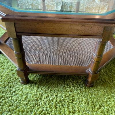 Octagonal Wood and Glass Coffee Table with Caned Shelf