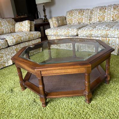 Octagonal Wood and Glass Coffee Table with Caned Shelf