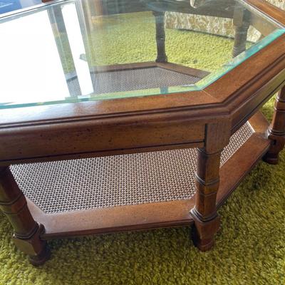 Octagonal Wood and Glass Coffee Table with Caned Shelf