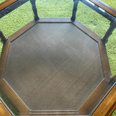 Octagonal Wood and Glass Coffee Table with Caned Shelf