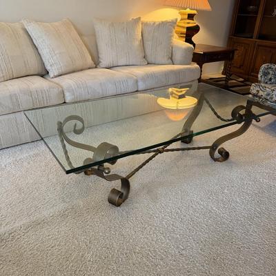 Vintage Hollywood Regency Gold Wrought Iron Glass Coffee Table