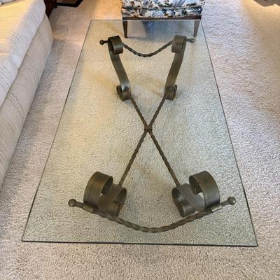 Vintage Hollywood Regency Gold Wrought Iron Glass Coffee Table
