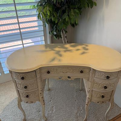 Antique White Painted Kidney Shaped Vanity Set with Chair Vintage