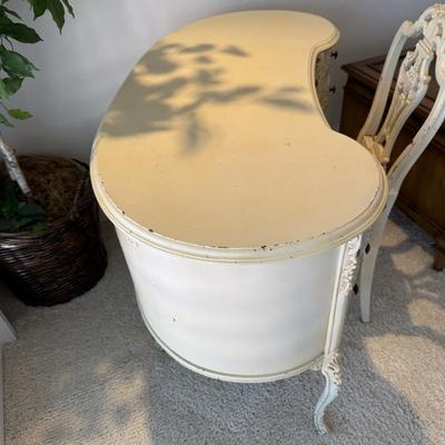 Antique White Painted Kidney Shaped Vanity Set with Chair Vintage