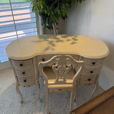 Antique White Painted Kidney Shaped Vanity Set with Chair Vintage