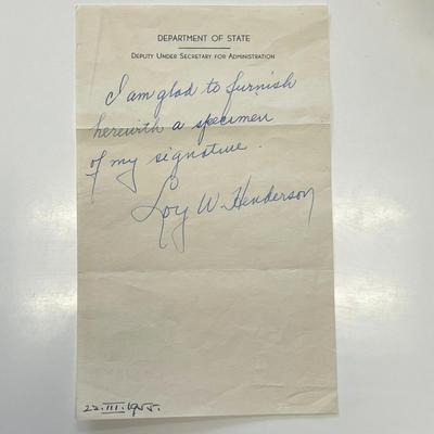 Former United States Minister to Iraq Loy W. Henderson signed note