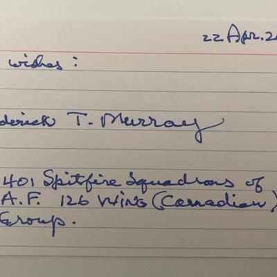 WWII RCAF Flying Ace Frederick T. Murray Signed Note