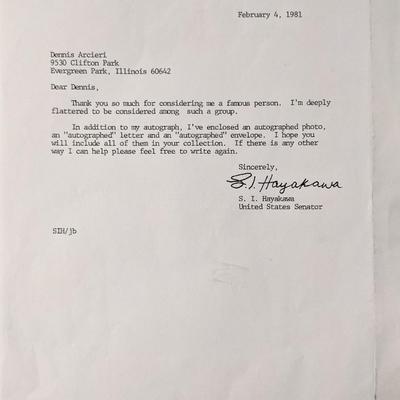 US Senator S.I. Hayakawa signed letter